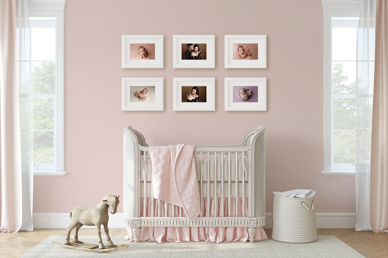 Newborn Photographer, a nursery is painted pink with a photo wall of baby and a crib beneath it
